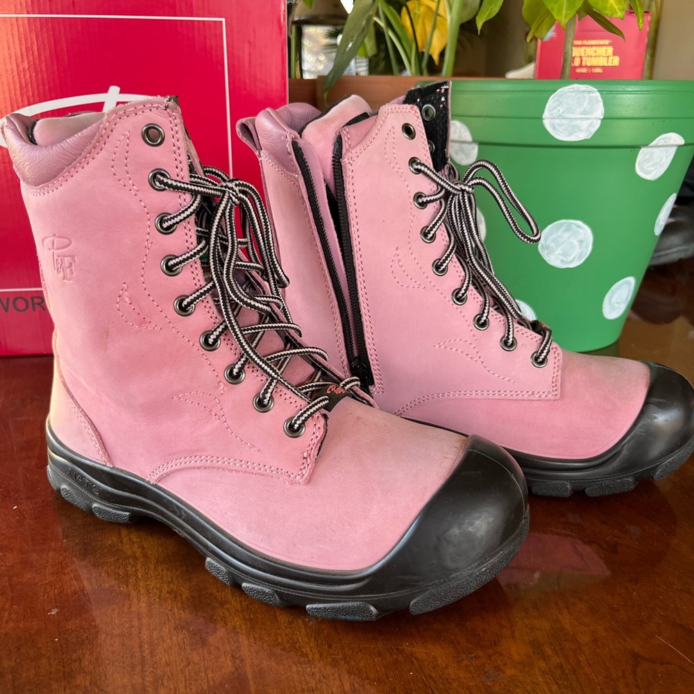 Pink Steel Toe Boots / Zipper / Size 9 1/2 & 10 (actual 8-8 1/2)